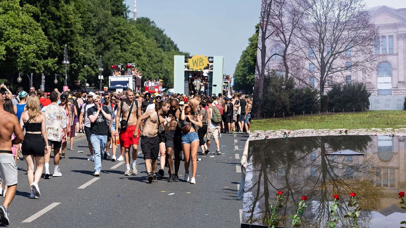 Die Techno-Parade "Rave the Planet" zieht am Großen Tiergarten vorbei. Ein paar Raver sollen einen Stopp im Denkmal für die ermordeten Juden Europas (rechts) eingelegt haben.