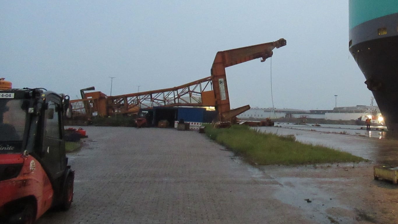 Der umgestürzte Kran liegt am Hafenbecken auf der Seite.