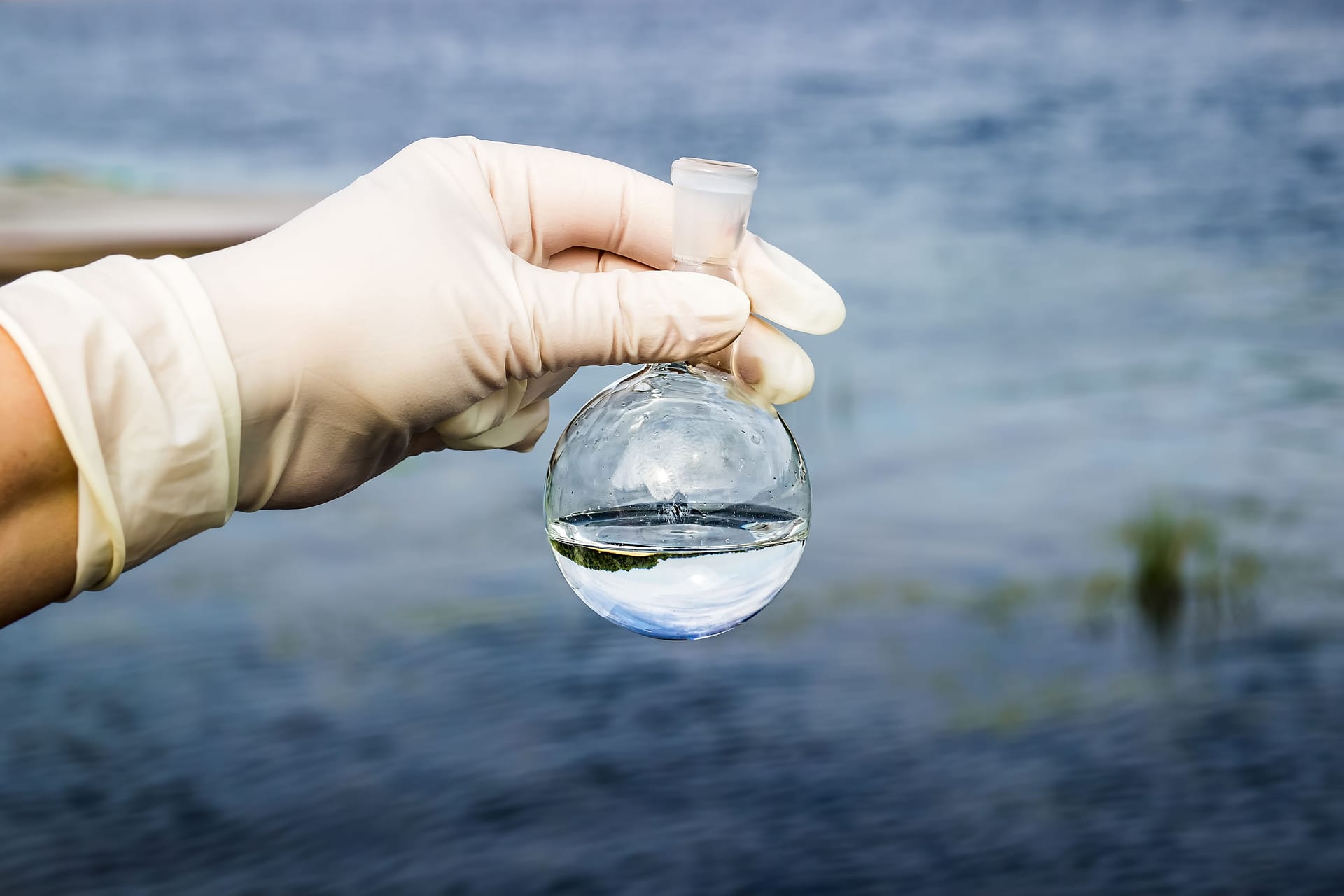 Jemand hält einen Rundkolben mit einer Wasserprobe hoch, im Hintergrund ist ein Gewässer zu sehen.