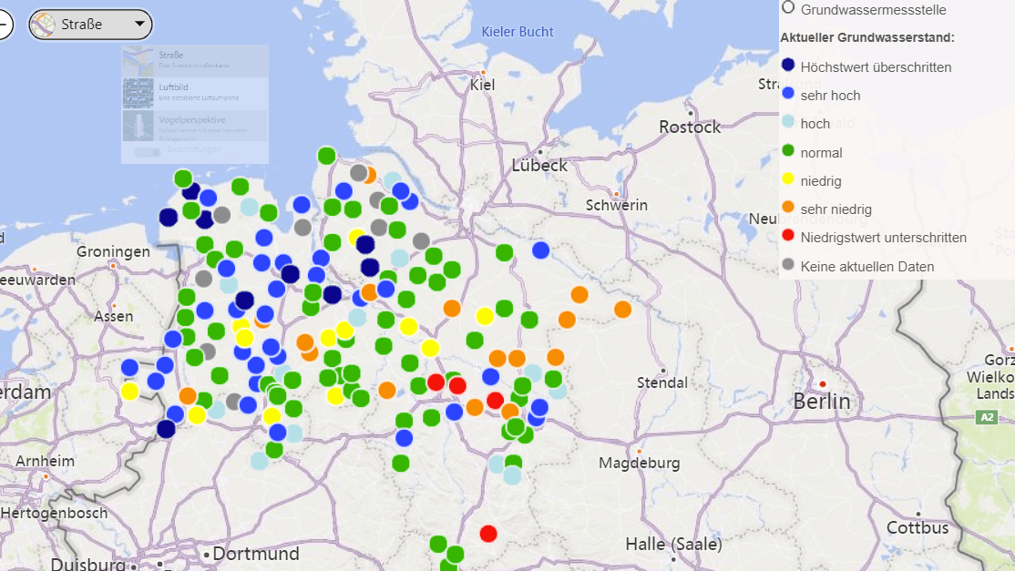 Die Karte vom 9. August 2023: Aus vielen roten und organefarbene Punkten sind mittlerweile grüne, hellblaue und blaue geworden. Jedoch nicht überall.