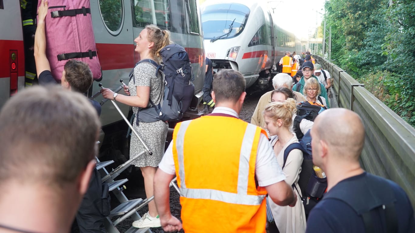 Evakuierte Fahrgäste bei Hamburg: Sie hatten mehrere Stunden in dem Zug warten müssen.