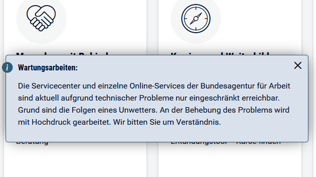 Screenshot zu den Wartungsarbeiten: Aktueller Hinweis auf der Seite der Arbeitsagentur.