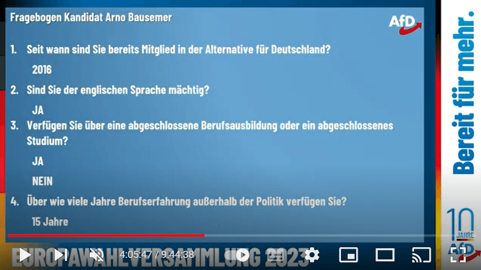 Alle Kandidaten mussten für Europawahlversammlung der AfD Fragen beantworten: Bausemer sagte "Ja" zur abgeschlossenen Berufsausbildung.