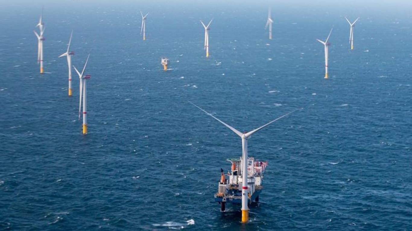 Windturbinen in der Nordsee während der Einweihung der ersten Zone eines Offshore-Windparks: Der Bau von zwei neuen Windparks ist gestartet.
