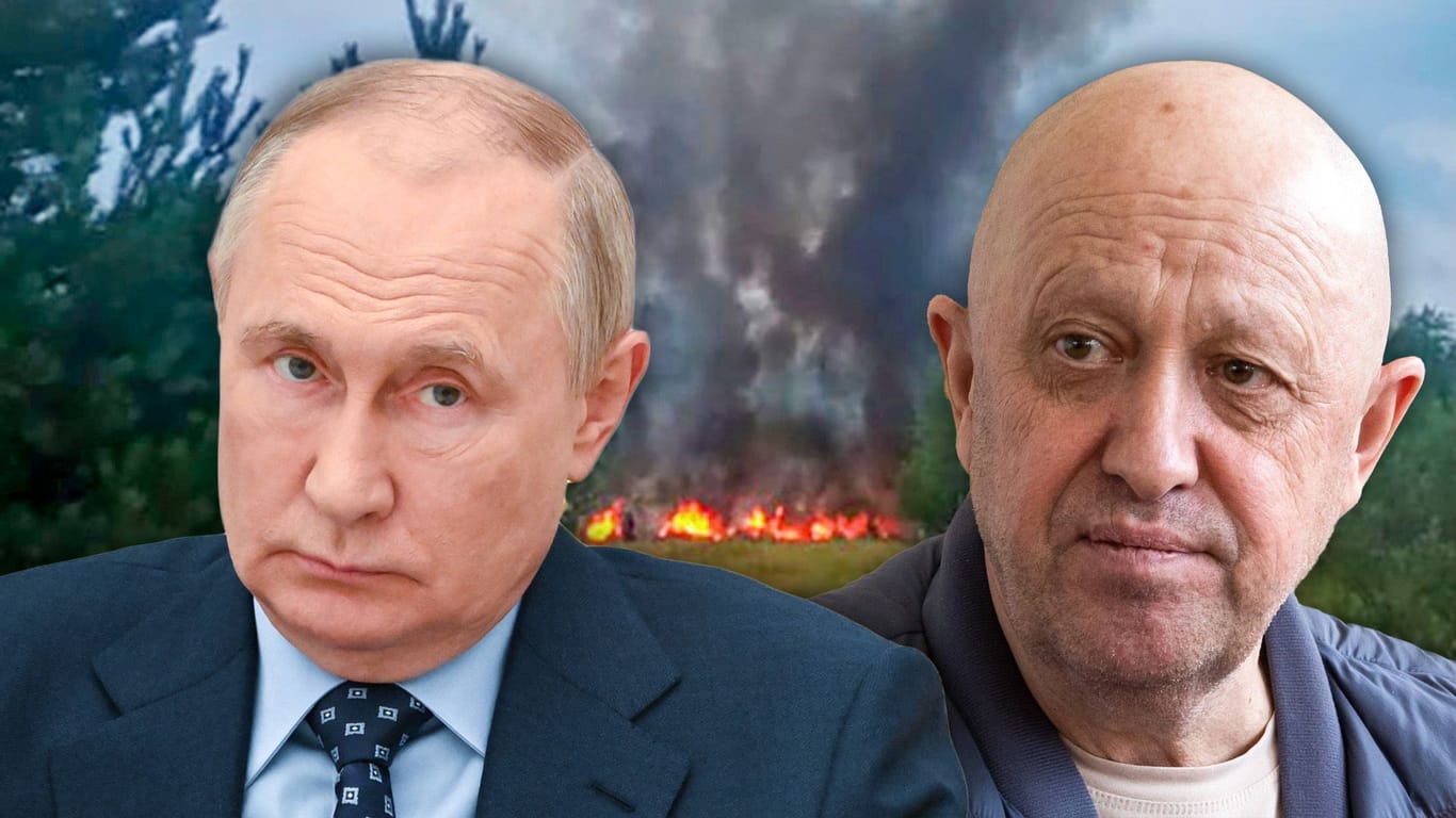Die Fotocollage zeigt Putin (links), Prigoschin (rechts) vor der Absturzstelle: Russische Behörden erklären Prigoschin nun offiziell für tot.