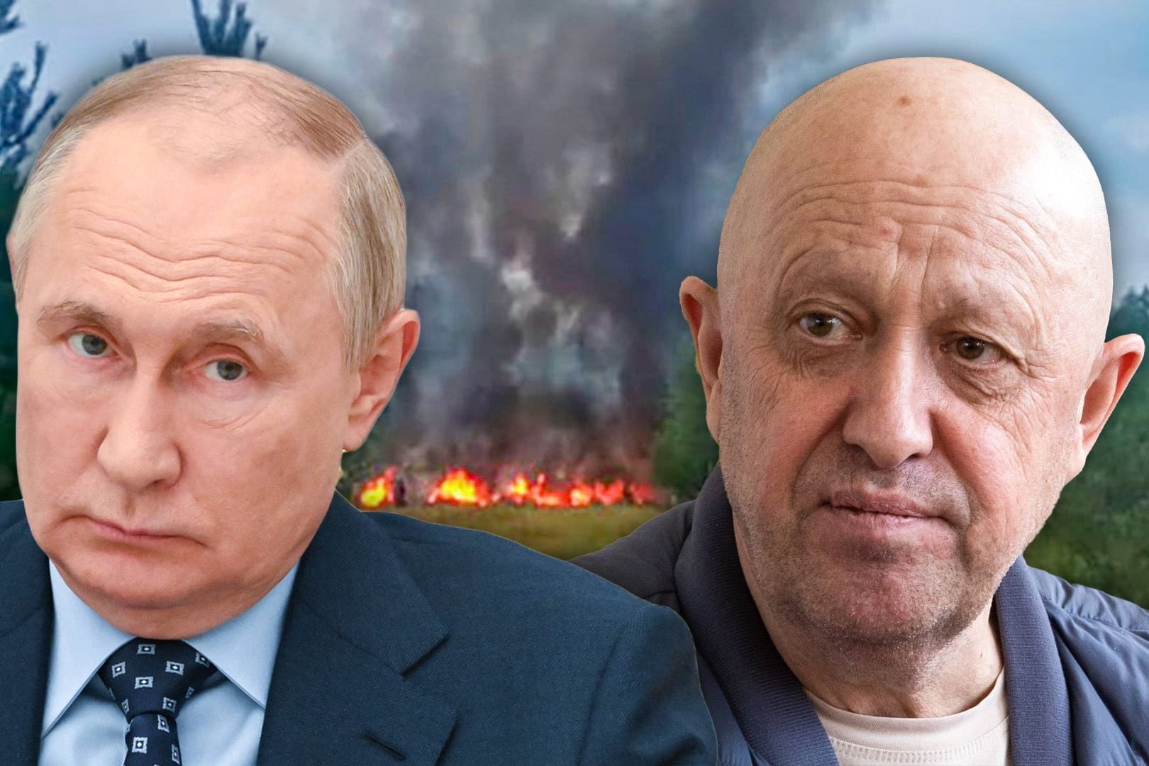 Die Fotocollage zeigt Putin (links), Prigoschin (rechts) vor der Absturzstelle: Russische Behörden erklären Prigoschin nun offiziell für tot.