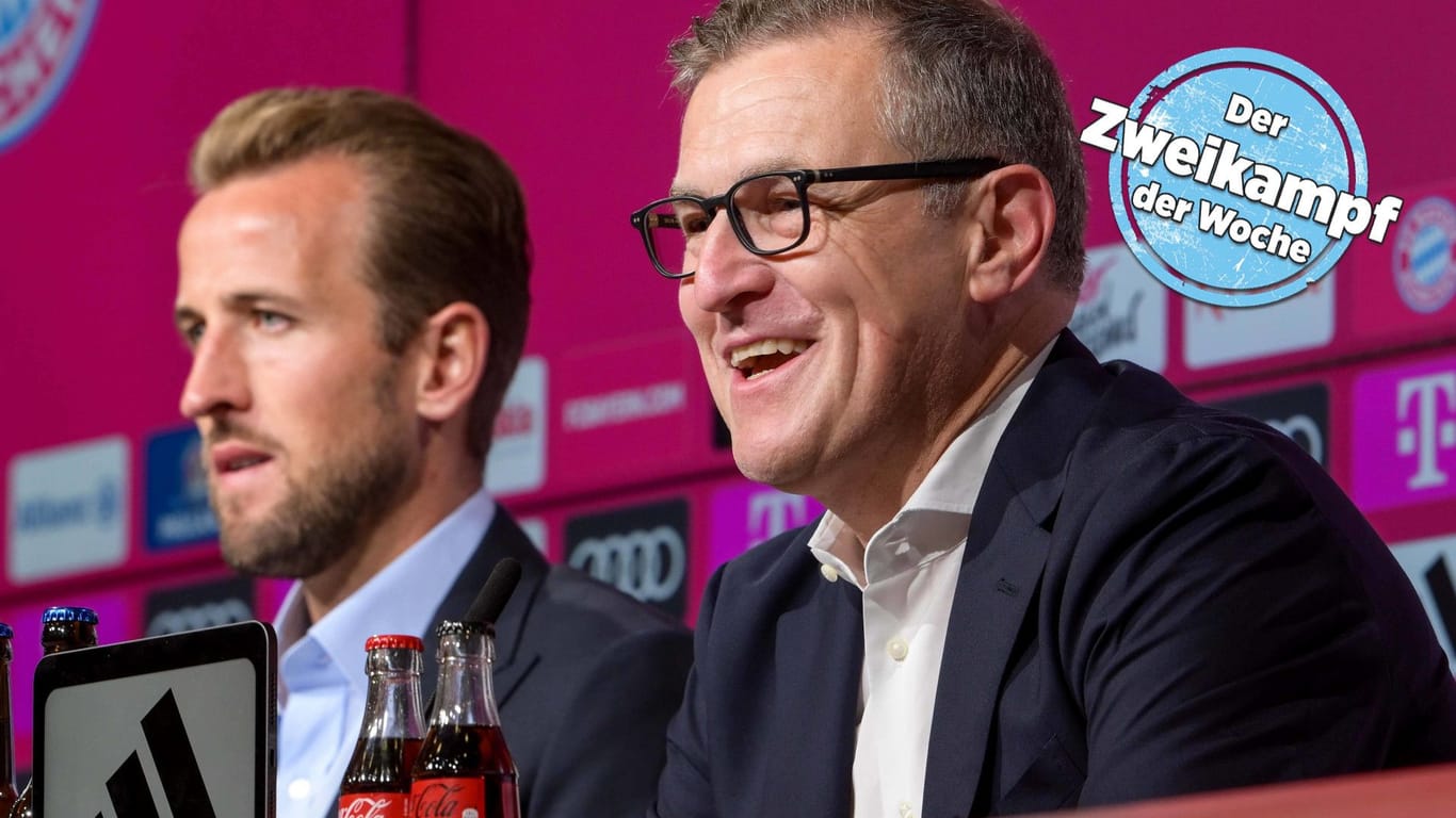 Bayerns Vorstandsboss Jan-Christian Dreesen (r.) äußerte sich bei der Vorstellung von Harry Kane auch zu Trainer Thomas Tuchel und dem Zustand der Mannschaft.
