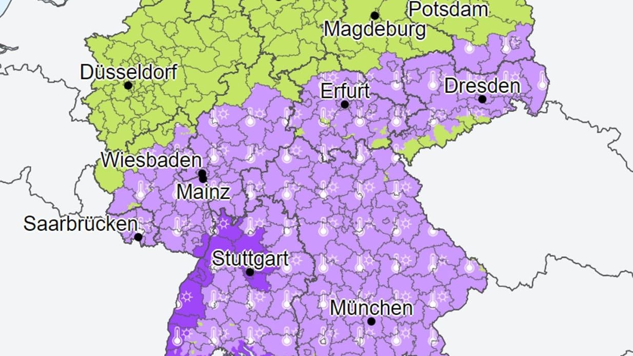 Warnkarte für Montag (21. August): Im Süden wird flächendeckend vor Hitze gewarnt, in den dunkellila eingefärbten Gebieten gilt sogar eine Warnung vor extremer Hitze.