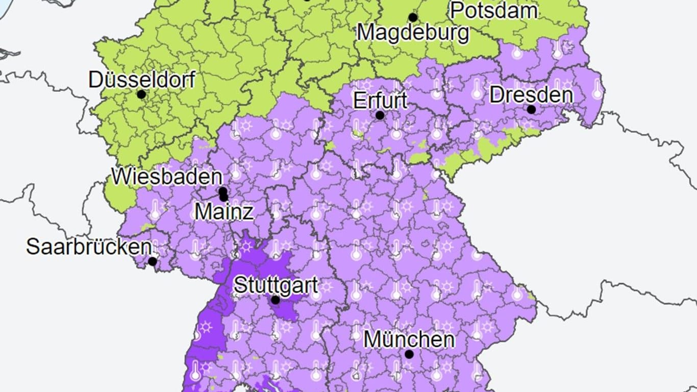 Warnkarte für Montag (21. August): Im Süden wird flächendeckend vor Hitze gewarnt, in den dunkellila eingefärbten Gebieten gilt sogar eine Warnung vor extremer Hitze.