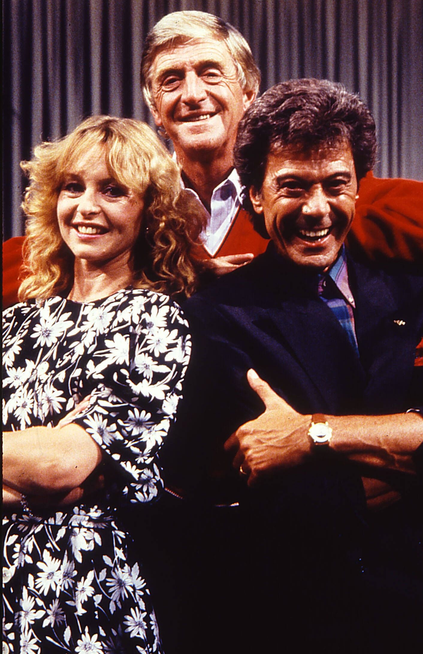 Michael Parkinson 1988 mit seinen Frühstücksfernsehenkollegen Liza Goddard und Lionel Blair.