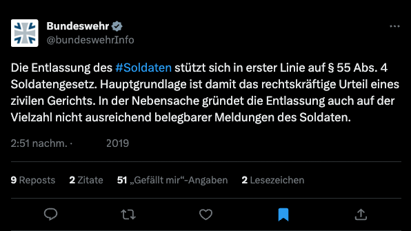 Die Bundeswehr zu Patrick J. auf Twitter (heute "x")