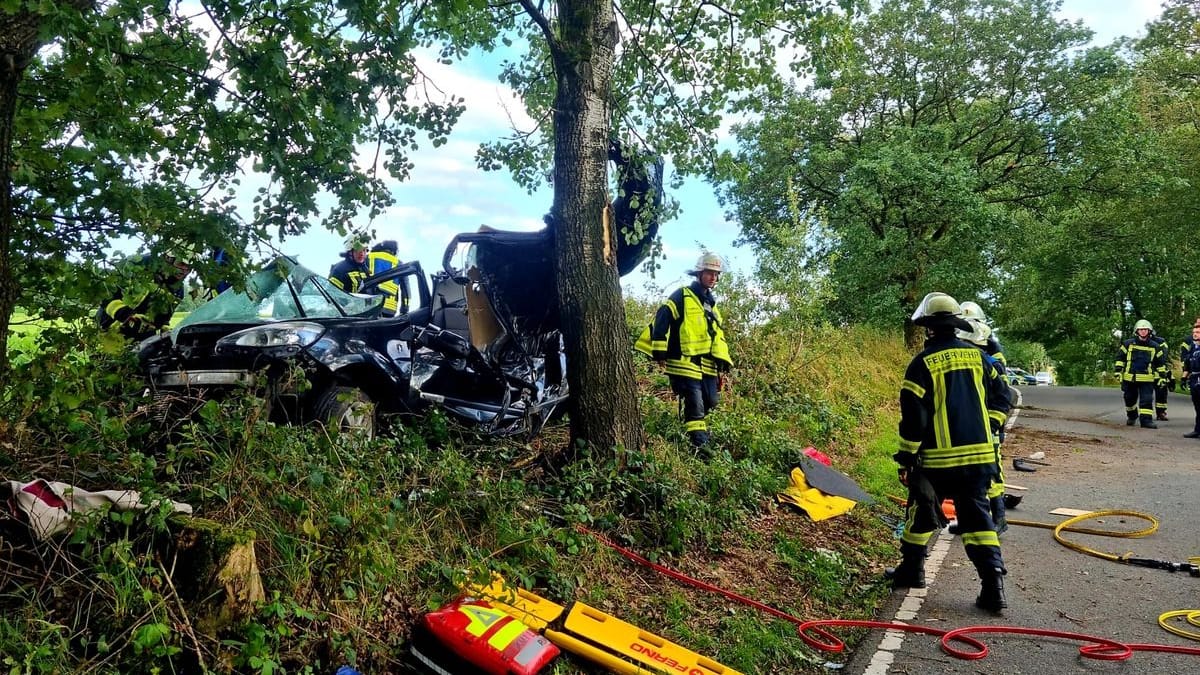Einsatzkräfte der Feuerwehr am Unfallort: Sie versuchten, den Mann aus seinem Wagen zu retten. Einsatzkräfte der Feuerwehr am Unfallort: Sie versuchten, den Mann aus seinem Wagen zu retten.