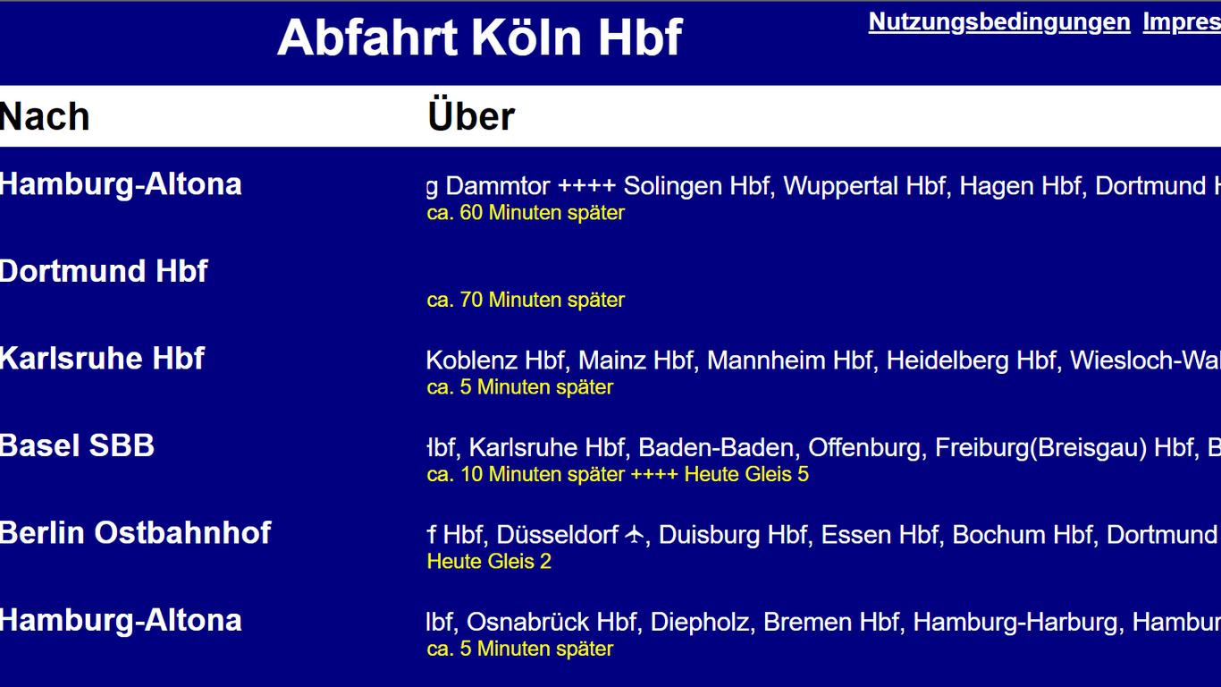 Ein Ausschnitt aus dem Echtzeitfahrplan der Deutschen Bahn (Stand: 30.08.2023, 18.54 Uhr)
