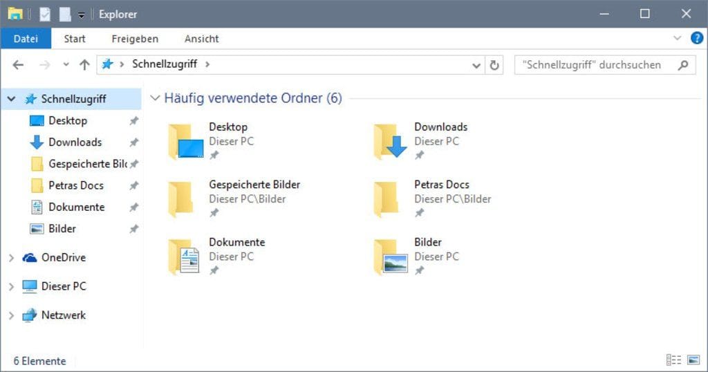 Der geleerte Schnellzugriff von Windows 10: Es werden nur noch die eigenen angepinnten Ordner angezeigt.