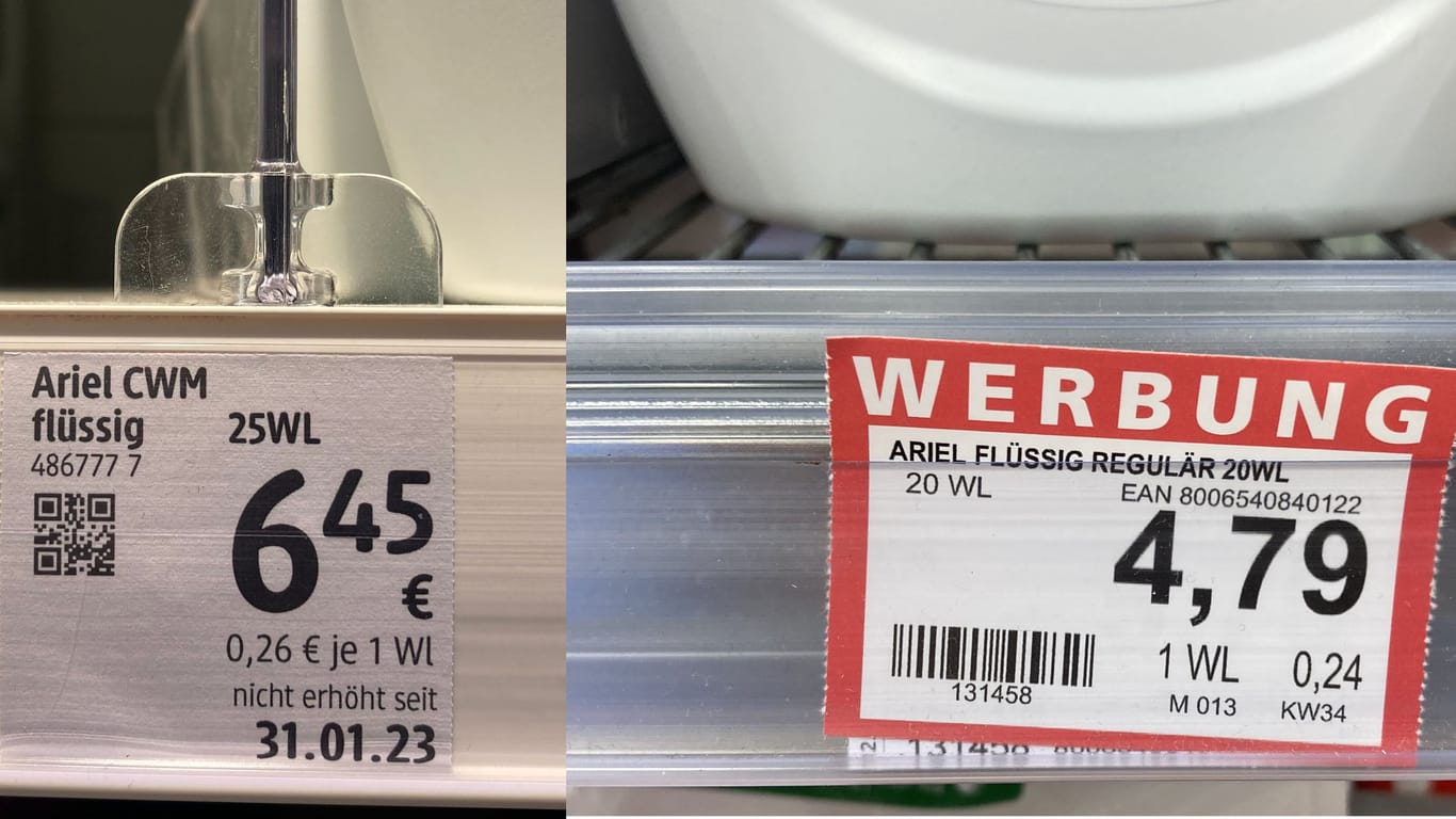 Bei dm (links) wird das Waschmittel in der Größe 25 WL angeboten; bei Rossmann hingegen mit 20 WL. Ein Preisvergleich ist daher nur mithilfe des Preises pro Waschladung (WL) möglich.