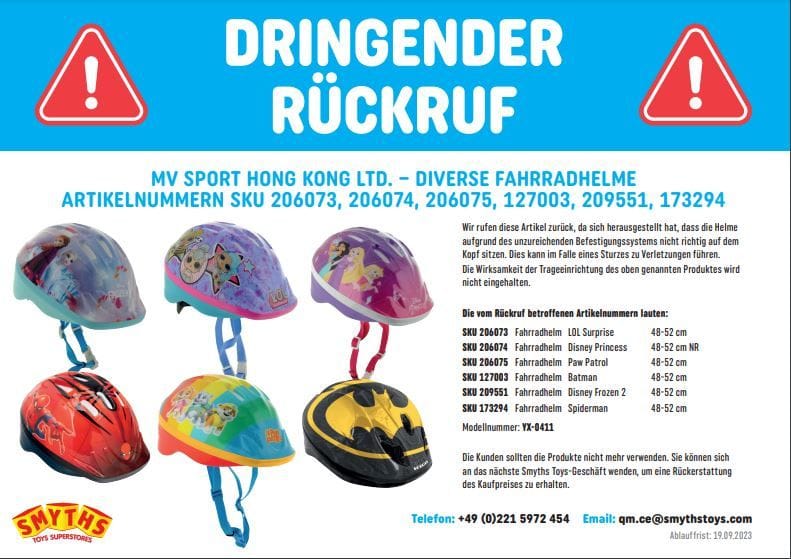 Mit diesem Plakat informiert Smyths Toys über den Rückruf von fehlerhaften Kinderfahrradhelmen des Herstellers "MV Sport Hong Kong Ltd.".