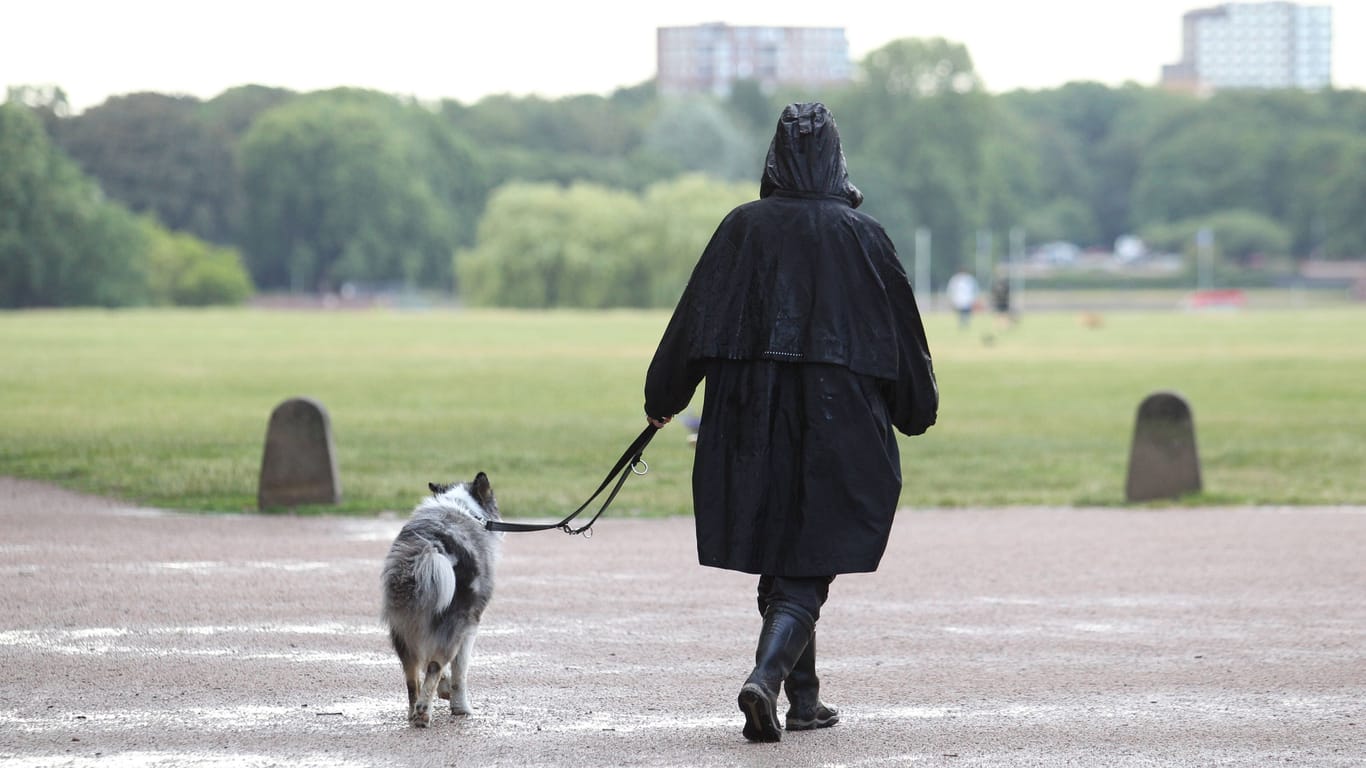 Eine Frau geht bei Regen mit ihrem Hund spazieren (Symbolbild): Der Wochenstart in NRW wird trüb.