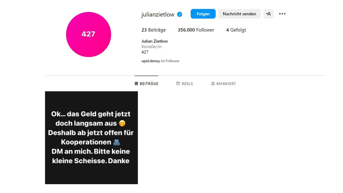 Instagram-Account von Zietlow: Bis auf das Kooperationsgesuch hat der Influencer aktuell alle Beiträge gelöscht.