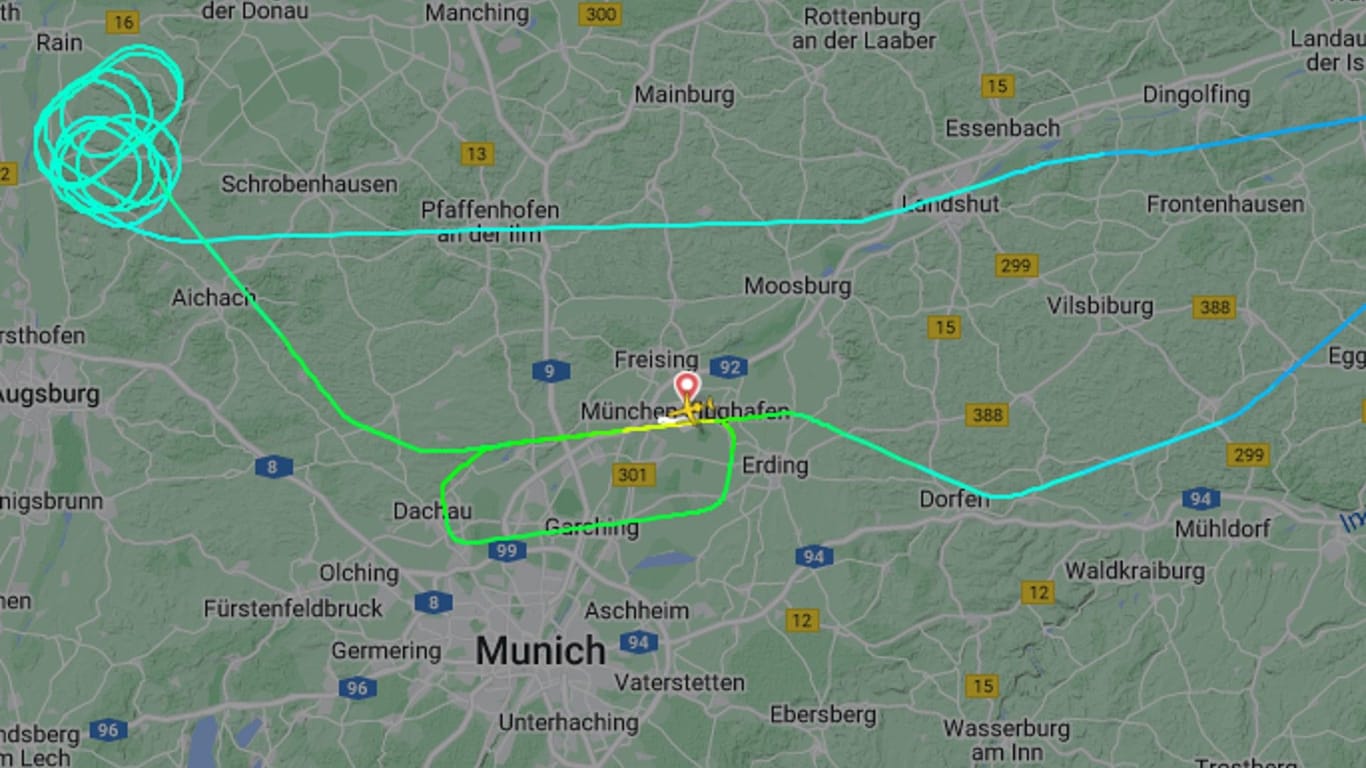 Die Route des Lufthansa-Flugs: Um Sprit zu verbrennen, musste die Maschine vor der Sicherheitslandung Kreise drehen.