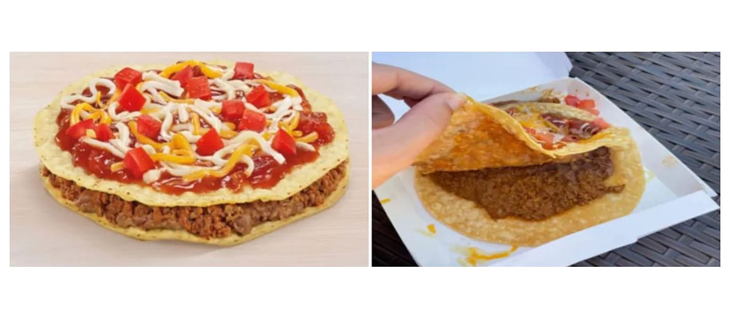 Die "Mexican Pizza": Links das Werbefoto von Taco Bell, rechts das verkaufte Produkt.
