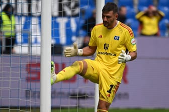HSV-Torwart Daniel Heuer Fernandes tritt wütend gegen den Pfosten: Das späte Gegentor in Karlsruhe traf die Hamburger schwer.
