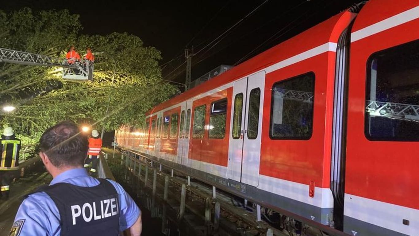 Ein umgestürzter Baum liegt auf einer S-Bahn unweit von München: Die Fahrgäste mussten evakuiert werden.