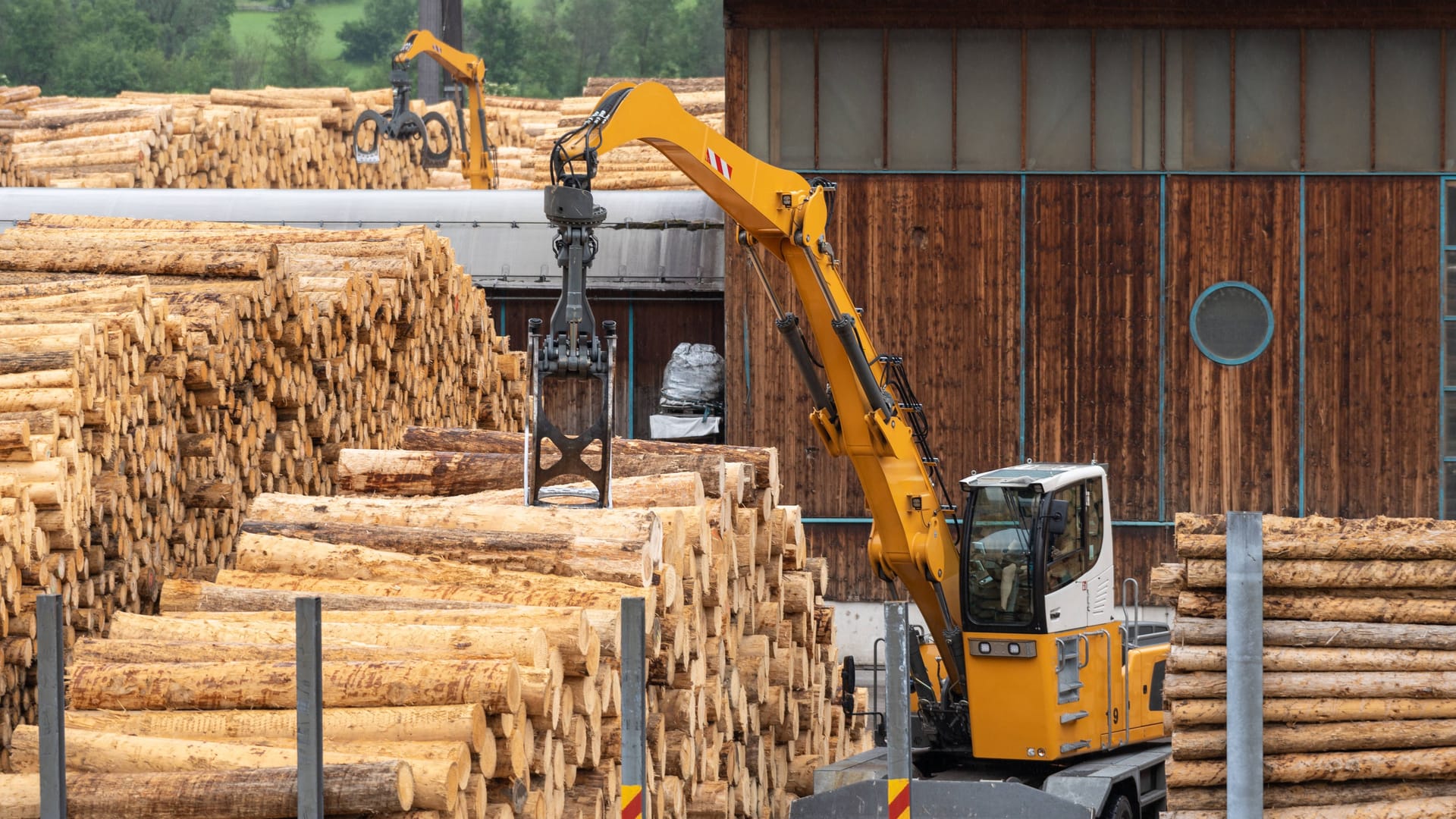 Bagger an einem Sägewerk (Archivbild): Wälder speichern CO2 – ihr Erhalt ist daher wichtig für das Klima.