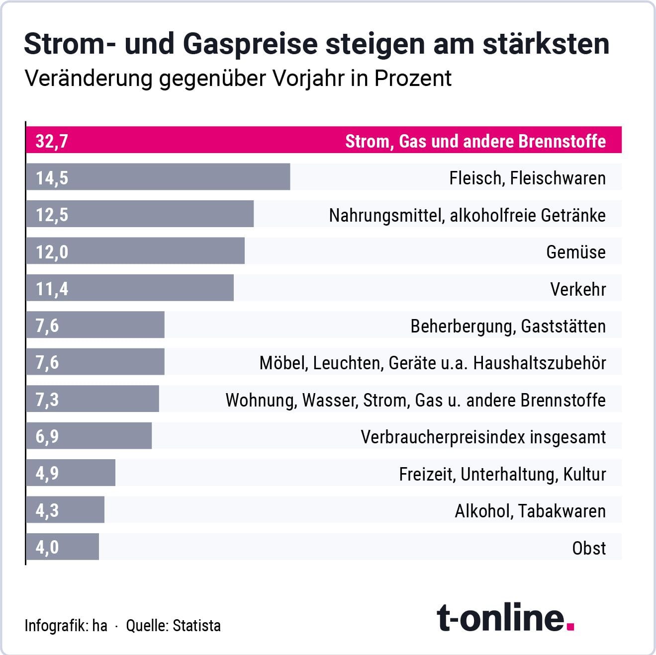 Strom- und Gaspreise sind am stärksten gestiegen.