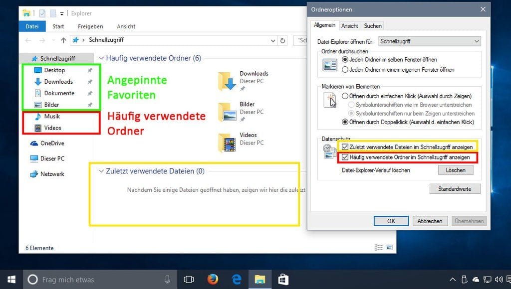 Der Schnellzugriff von Windows 10 zeigt von Haus aus angepinnte und zuletzt verwendete Ordner an.