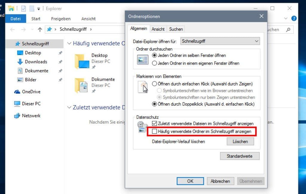 Im Windows 10 Explorer lassen sich häufig verwendete Ordner aus dem Schnellzugriff ausblenden.