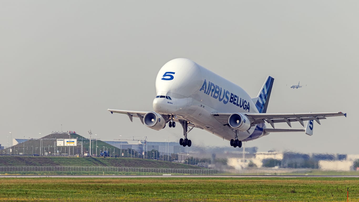 Der Airbus "Beluga ST" landet auf dem Münchner Flughafen.