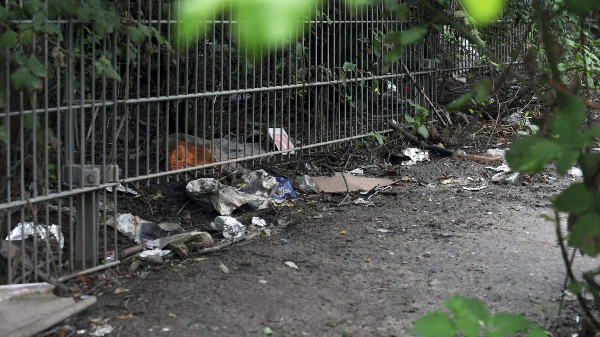 Müll in einem Gebüsch im Görlitzer Park: Der Rest des Parks wirkt sehr gepflegt.