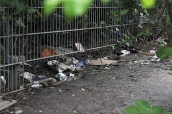 Müll in einem Gebüsch im Görlitzer Park: Der Rest des Parks wirkt sehr gepflegt.