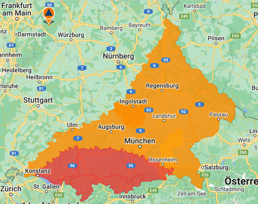 In den farblich-markierten Gebieten warnt der Wetterdienst vor dem Dauerregen. Der rote Bereich soll besonders stark von den Schauern getroffen werden.