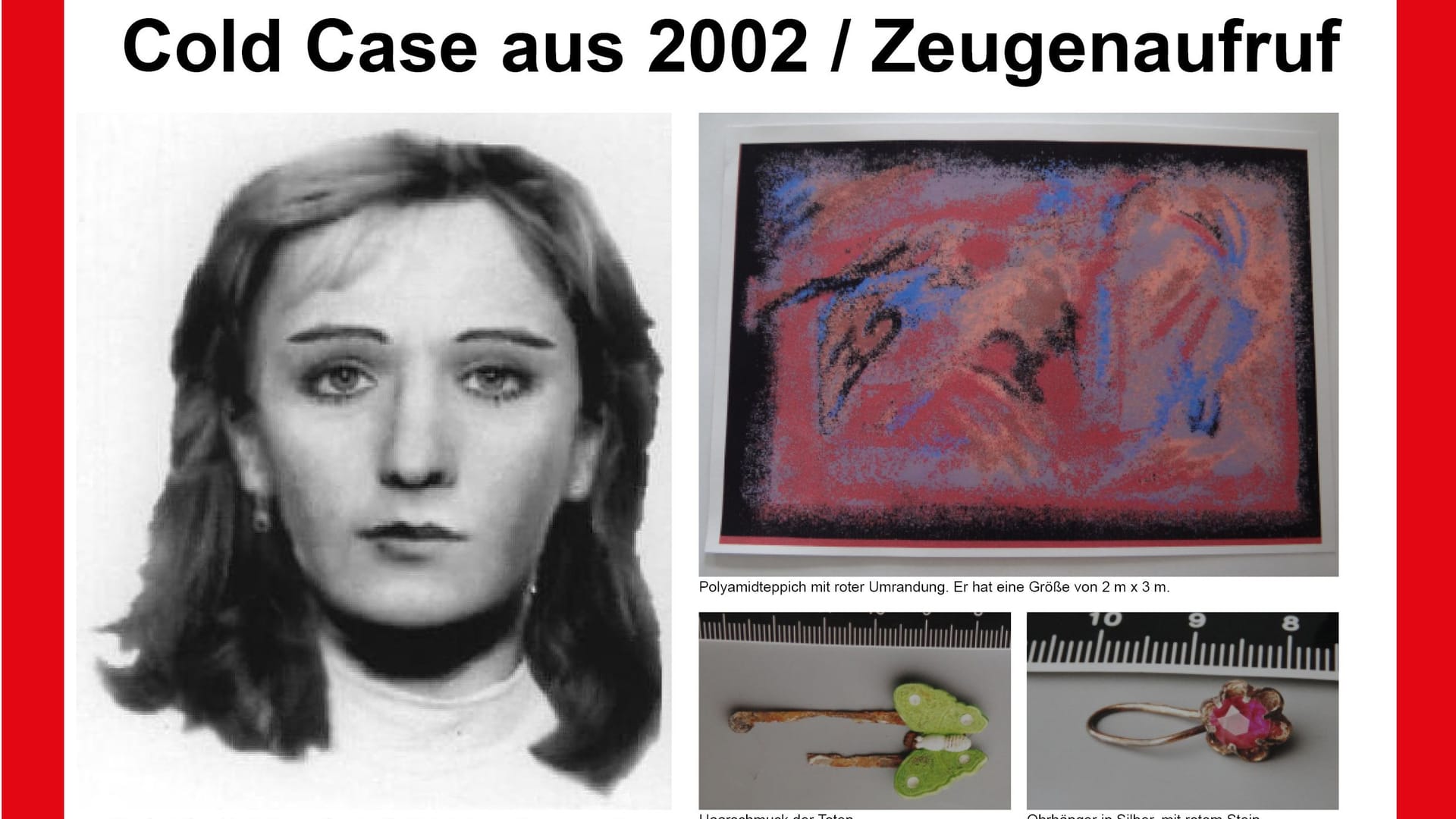 Das Fahndungsplakat zum Cold Case aus dem Jahre 2002: Die Ermittler erhoffen sich durch "Aktenzeichen XY... Ungelöst" neue Hinweise.