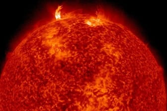 Wenn sich die zwei Sonnenflecken oben im Bild verbinden, könnten sie kommende Woche gewaltige Mengen heißes Plasma Richtung Erde feuern.