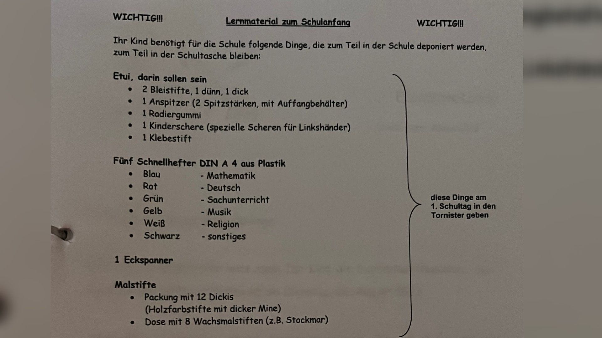 Eine Liste zur Einschulung: Dinge, die am ersten Schultag in die Tornister sollen.