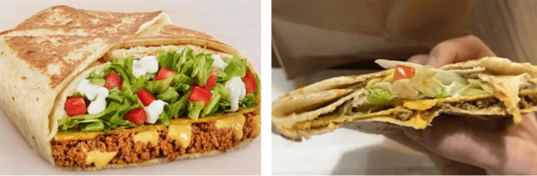 Vergleichsbilder aus Klageschrift: Links das Werbefoto von Taco Bell, rechts das wohl verkaufte Produkt.