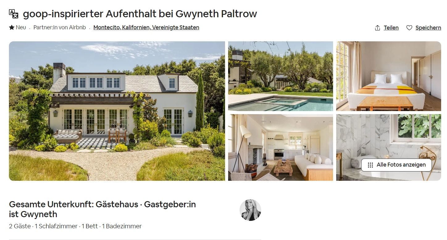 Aif Airbnb wird Gwyneth Paltrows Gästehaus angeboten.