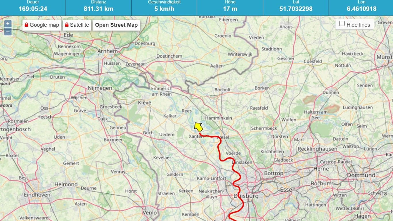 Ein Livetracker verfolgt die Route des Extremsportlers: Emmerich liegt schon in Reichweite.