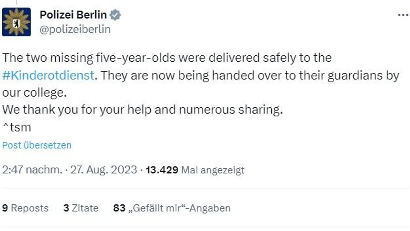 Der Tweet der Berliner Polizei: Die Behörde nahm die Fahndung am Sonntagnachmittag wieder zurück.