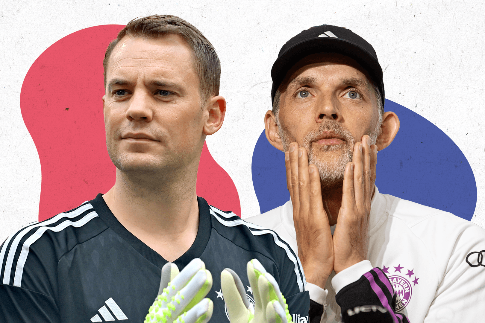 Manuel Neuer (l.) ist verletzt, Thomas Tuchel (r.) braucht eine Alternative: Der FC Bayern steht unter Druck.