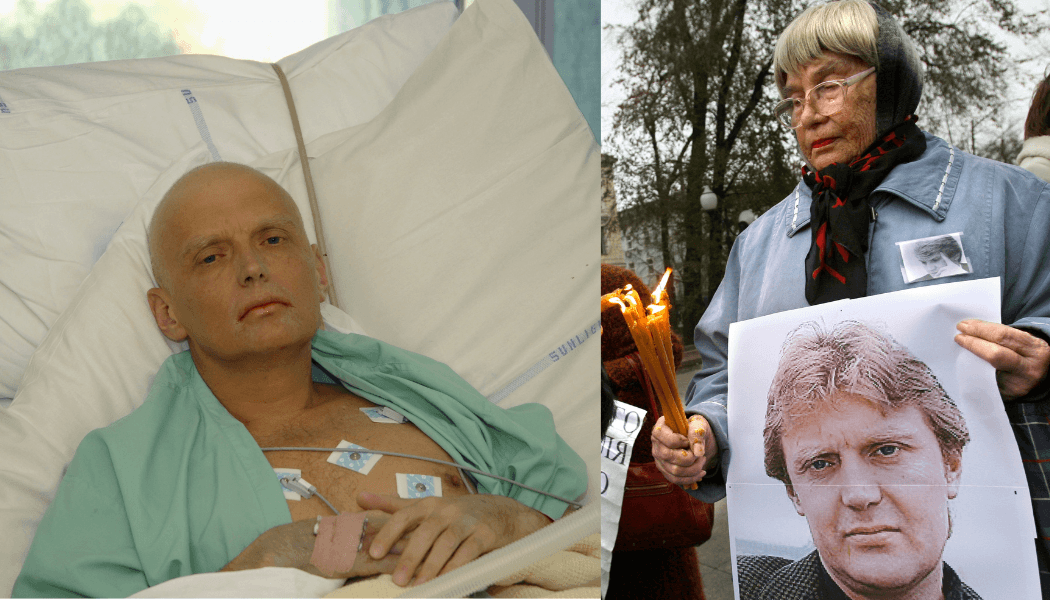 Der todkranke Alexander Litwinenko nach seiner Vergiftung im Krankenhaus 2006 und eine ältere Dame, die nach seinem Tod in London für ihn protestiert (Archivbilder).