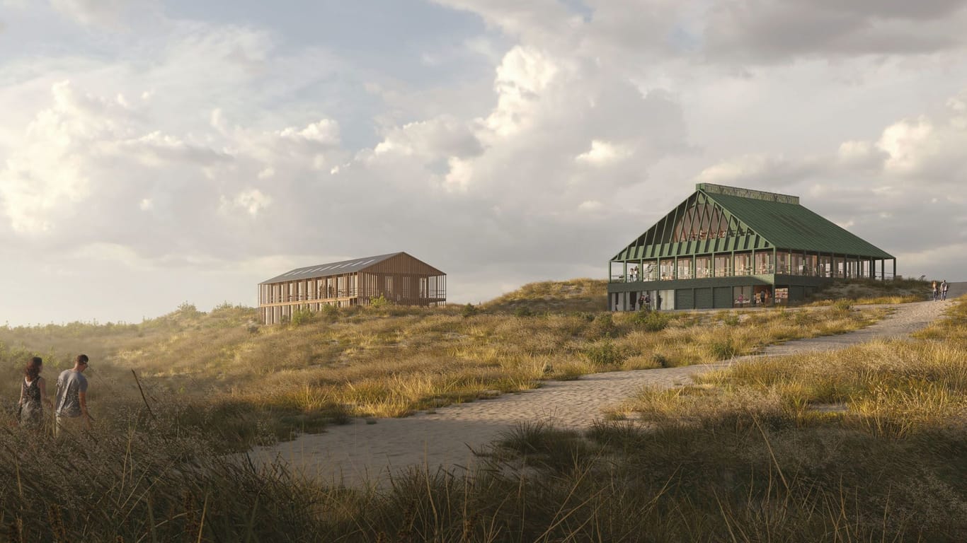 Entwurf für die neue Strandhalle auf Spiekeroog: So hätte es am Nordstrand aussehen können, wenn die Pläne der Stuttgarter Architekten umgesetzt worden wären.