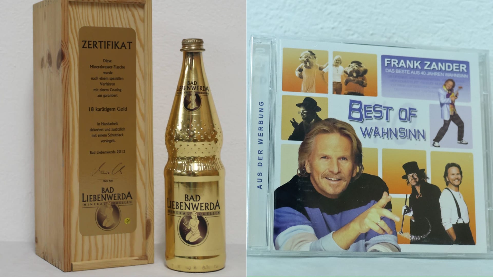 Vergoldete Sprudelflasche, CD von Frank Zander: Allerlei Kurioses kommt unter den Hammer.