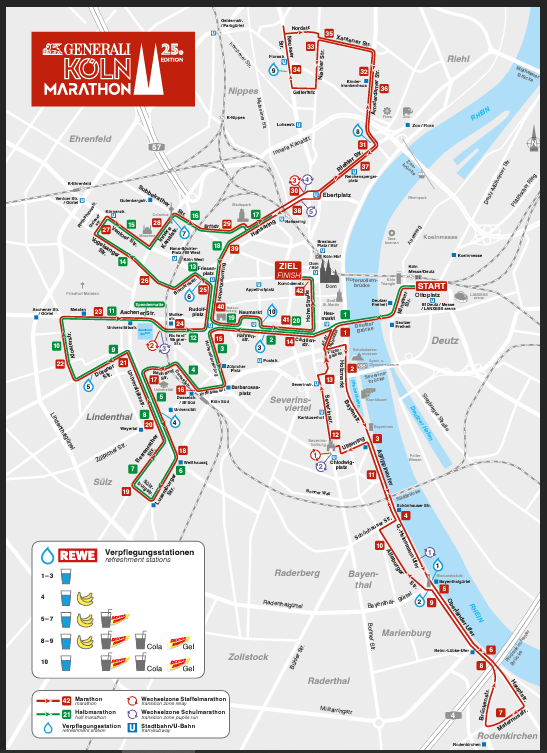 Der Streckenverlauf des diesjährigen Marathons in Köln: Die grüne Linie zeigt die Strecke des Halbmarathons, die rote, die des Marathons.
