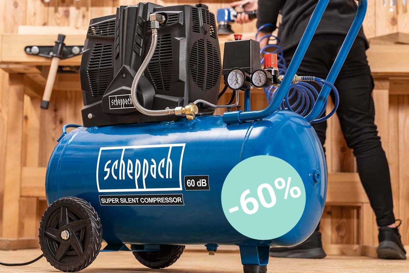 Im Aldi-Onlineshop gibt es aktuell einen Super-Silent-Kompressor von Scheppach zum Rekord-Tiefpreis.