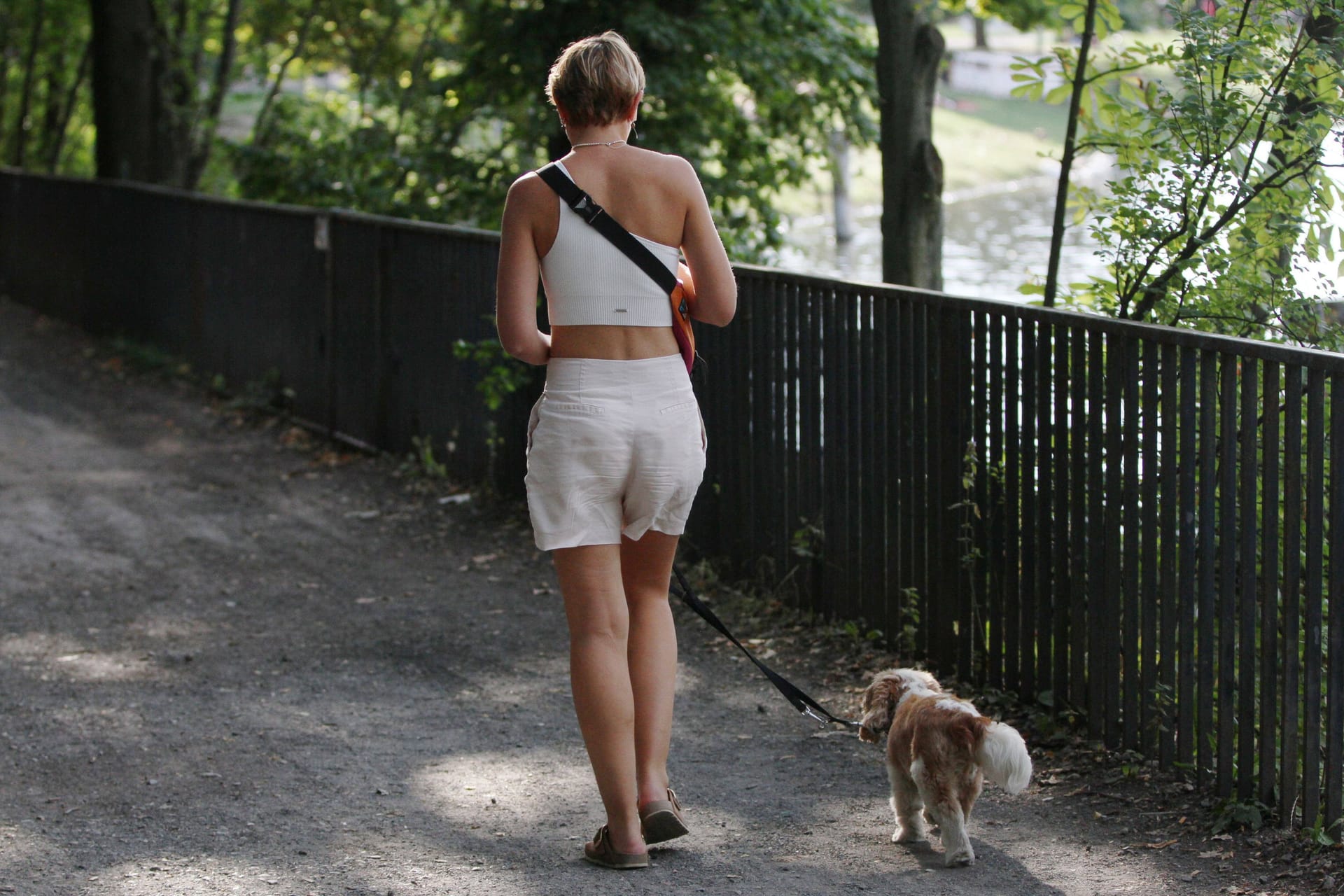 Eine sommerlich gekleidete Frau geht mit ihrem Hund Gassi (Symbolbild): In NRW wird es in den kommenden Tagen wieder wärmer.