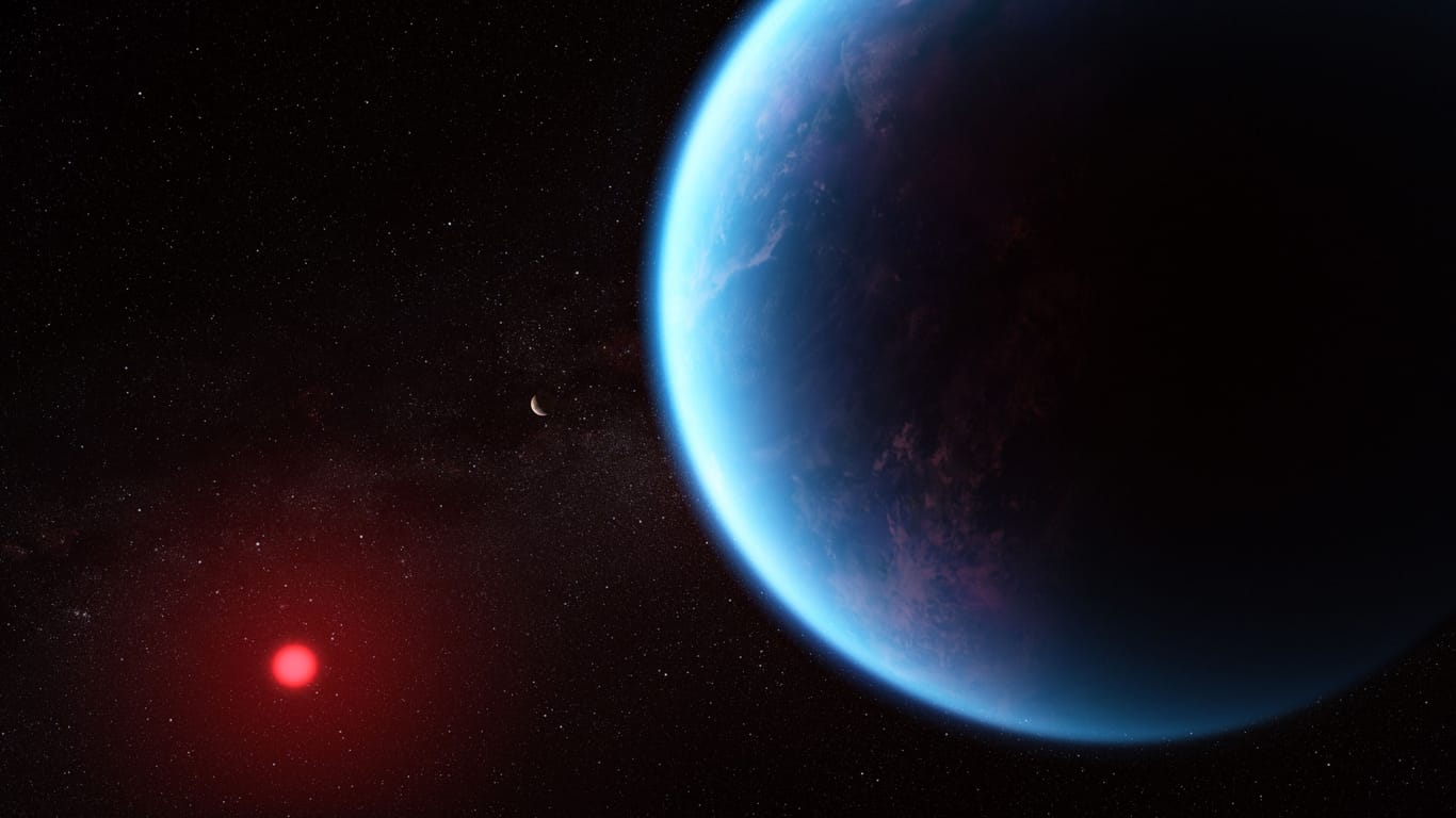 Dieses künstlerische Konzept zeigt, wie der Exoplanet K2-18 b aussehen könnte, wenn man die wissenschaftlichen Daten zu Grunde legt.