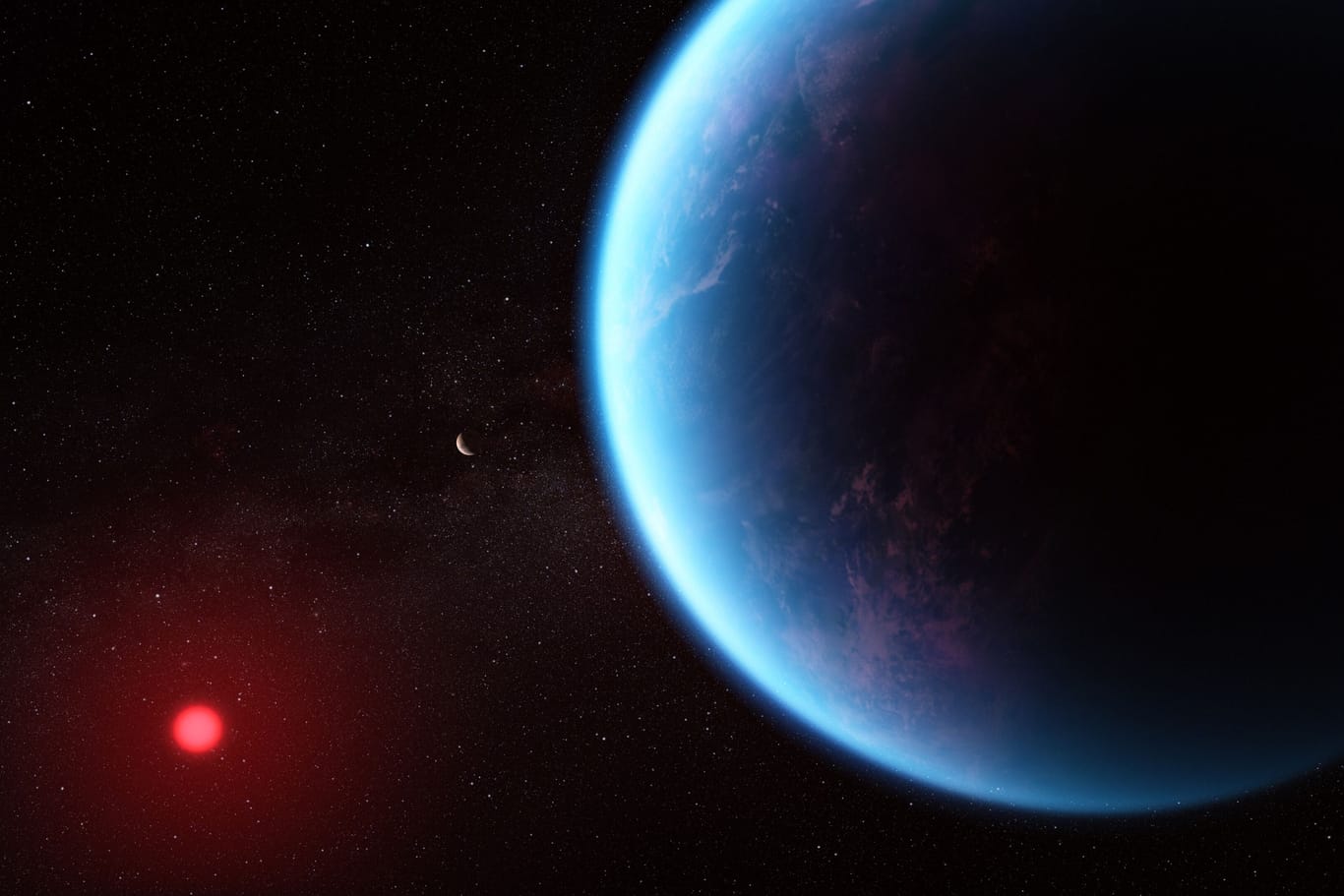 Dieses künstlerische Konzept zeigt, wie der Exoplanet K2-18 b aussehen könnte, wenn man die wissenschaftlichen Daten zu Grunde legt.